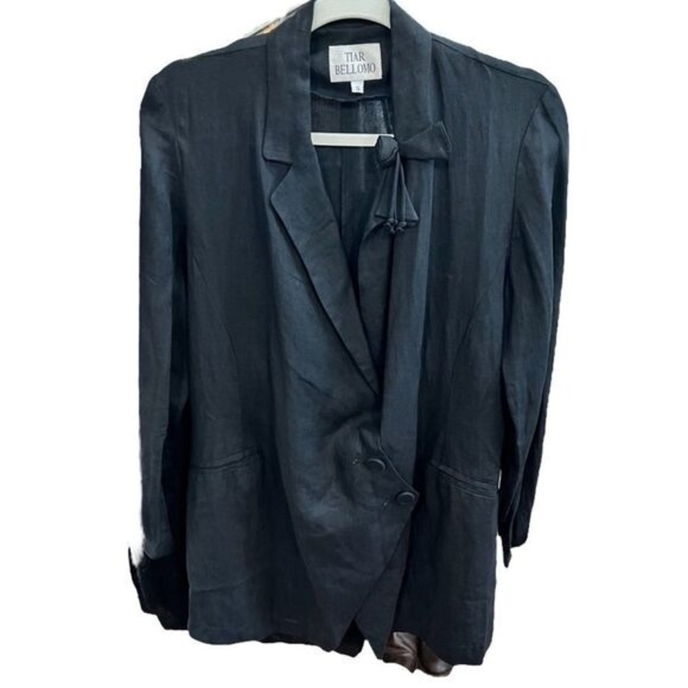 Whimsigoth Steampunk Black Linen Blazer Jacket Tie‎ Rosette Detail Career Casual
